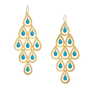 Turquoise Drop Earrings Estate 18k Yellow Gold Long 3" Drops Large Chandelier