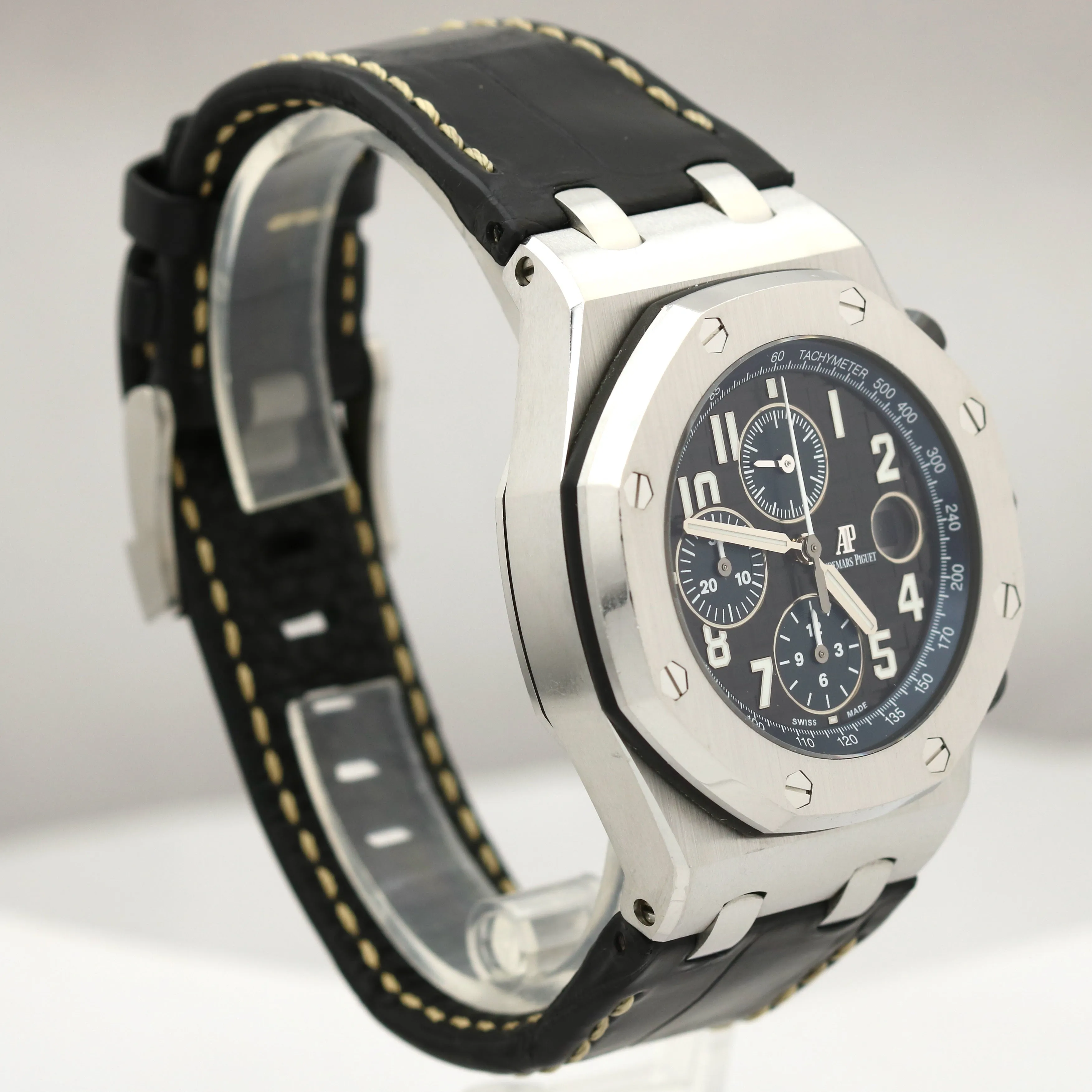 UNPOL. Audemars Piguet Royal Oak Offshore Black Leather 42mm Steel 26470ST Watch