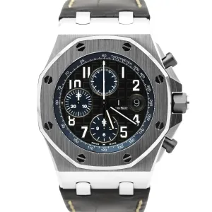UNPOL. Audemars Piguet Royal Oak Offshore Black Leather 42mm Steel 26470ST Watch
