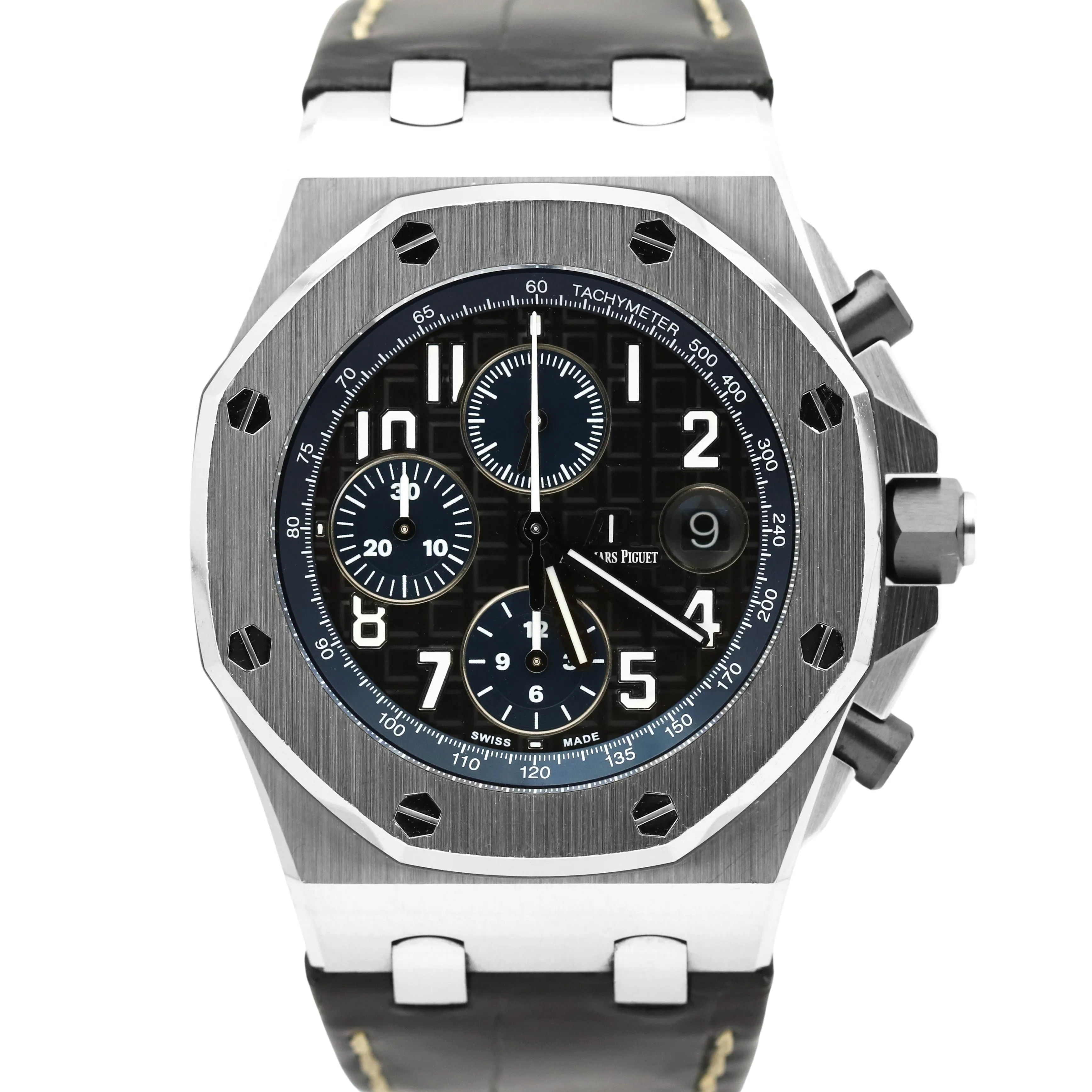 UNPOL. Audemars Piguet Royal Oak Offshore Black Leather 42mm Steel 26470ST Watch