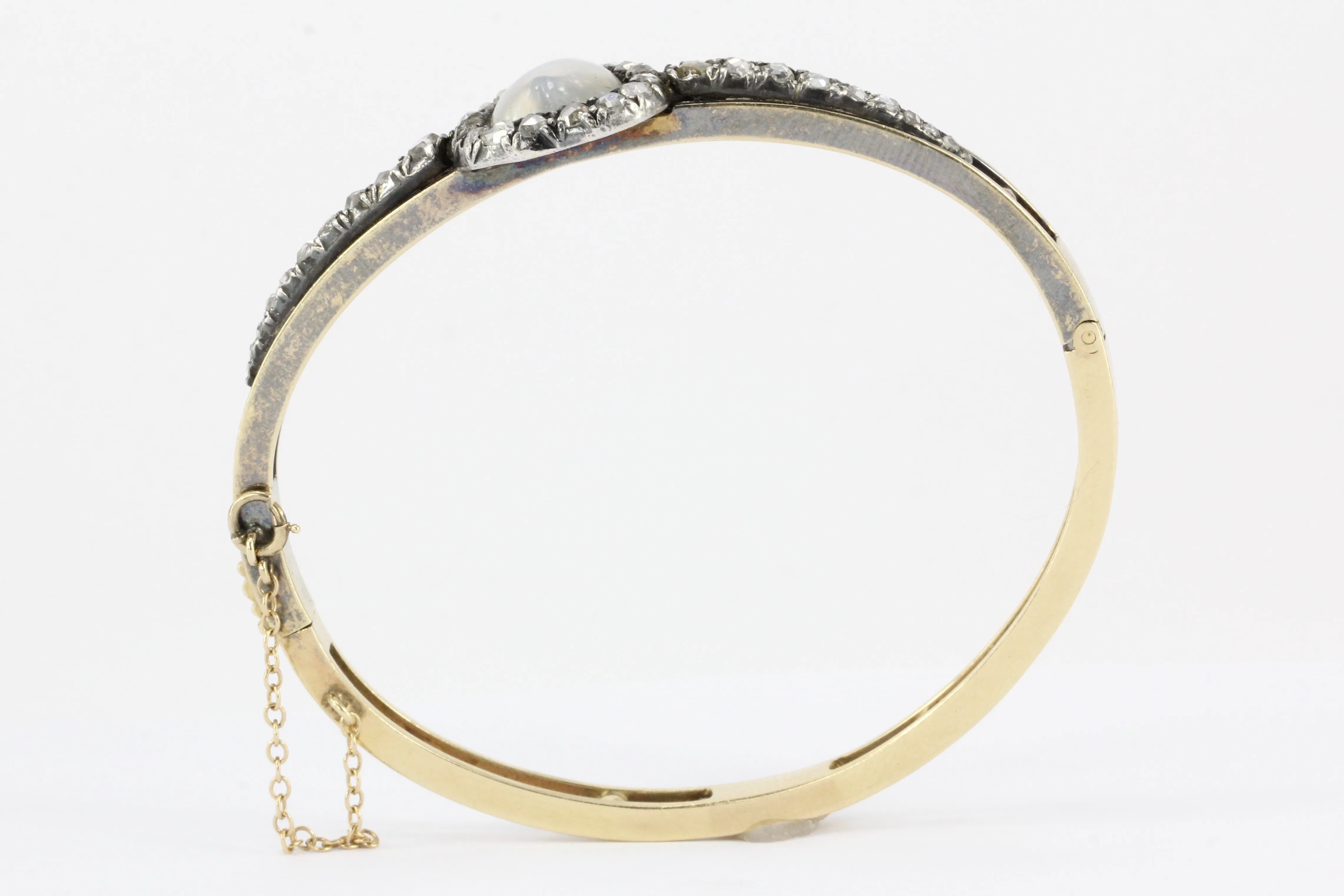 Victorian 14K Yellow Gold Moonstone Heart & Rose Cut Diamond Bangle Bracelet