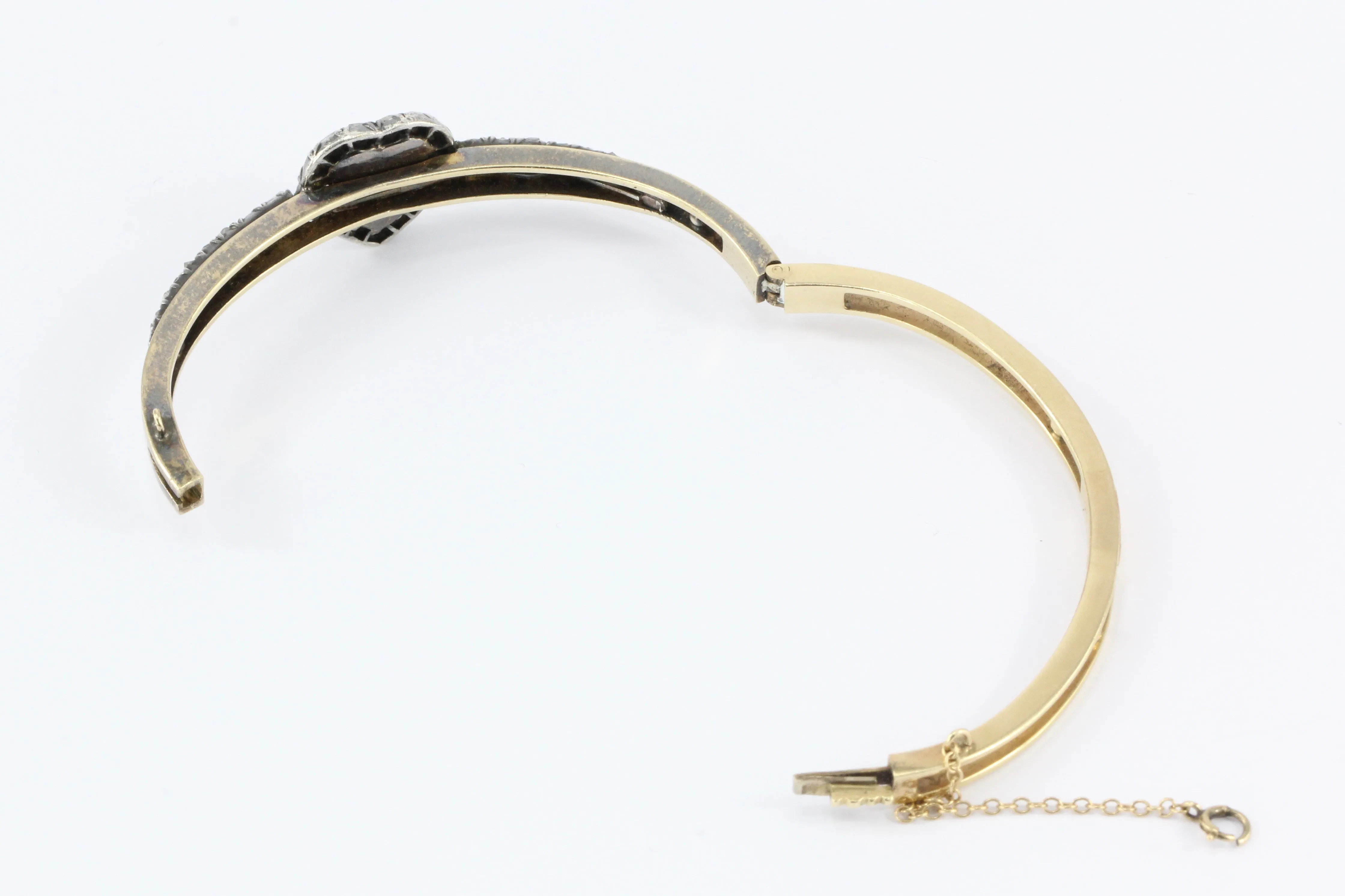 Victorian 14K Yellow Gold Moonstone Heart & Rose Cut Diamond Bangle Bracelet