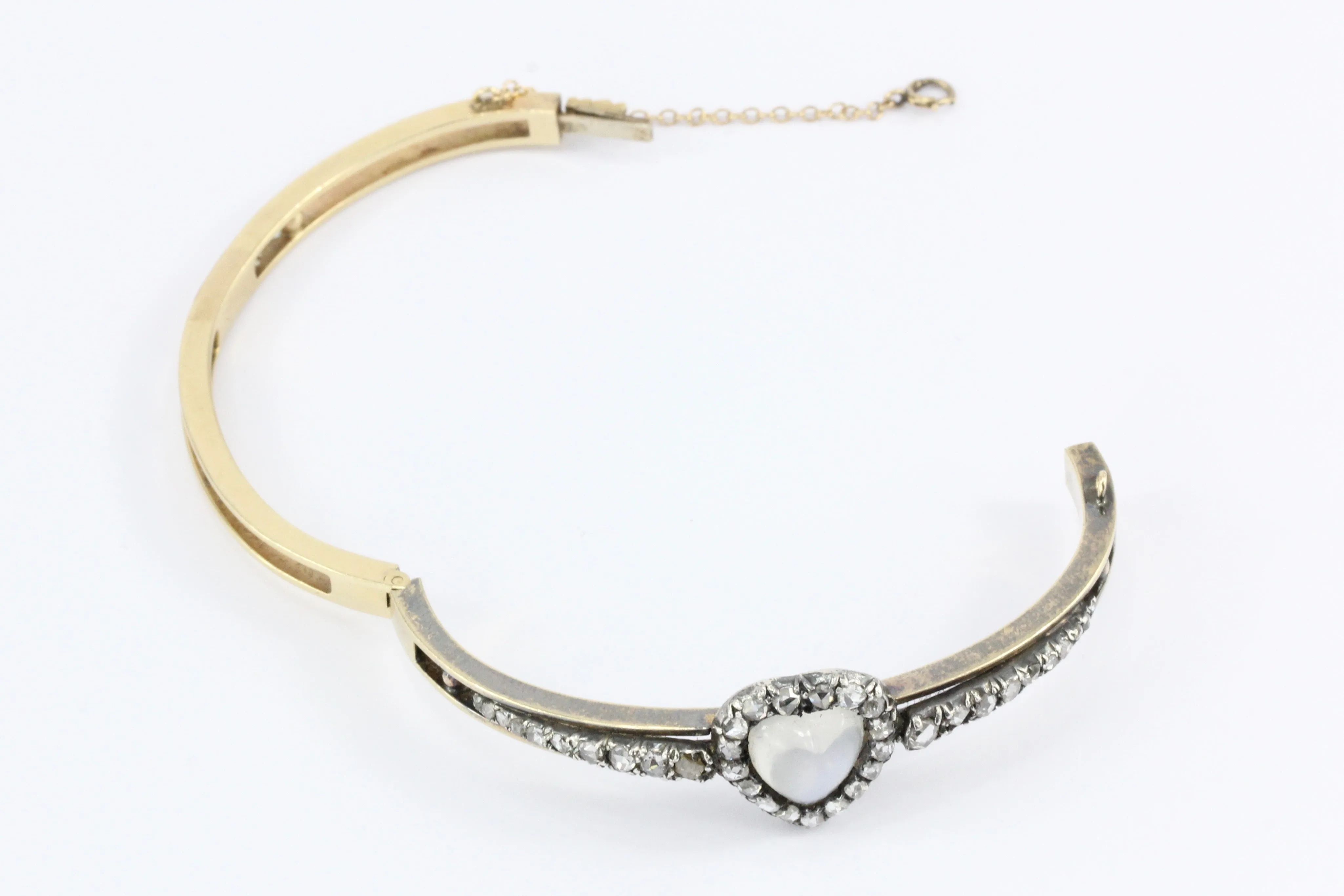 Victorian 14K Yellow Gold Moonstone Heart & Rose Cut Diamond Bangle Bracelet