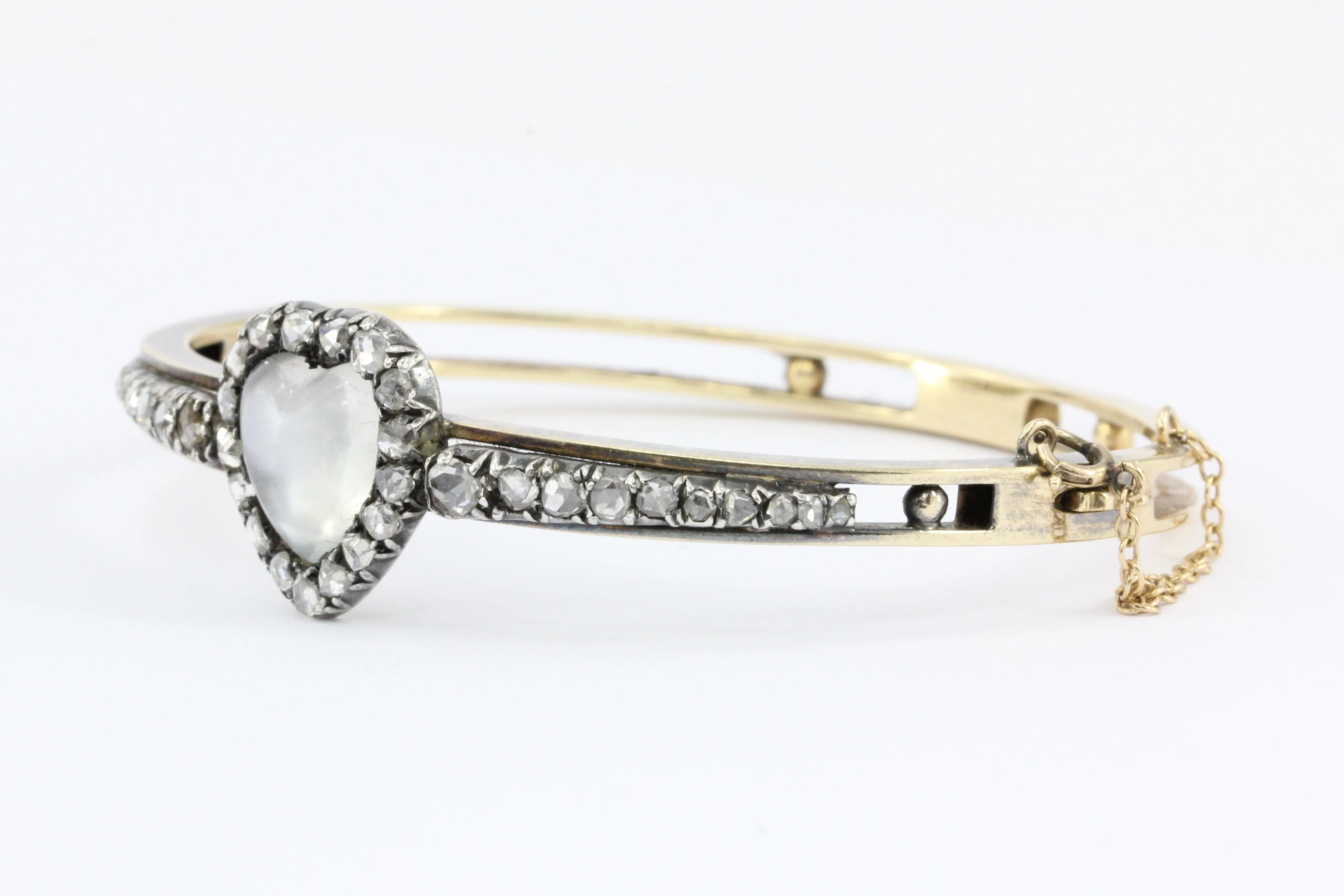 Victorian 14K Yellow Gold Moonstone Heart & Rose Cut Diamond Bangle Bracelet