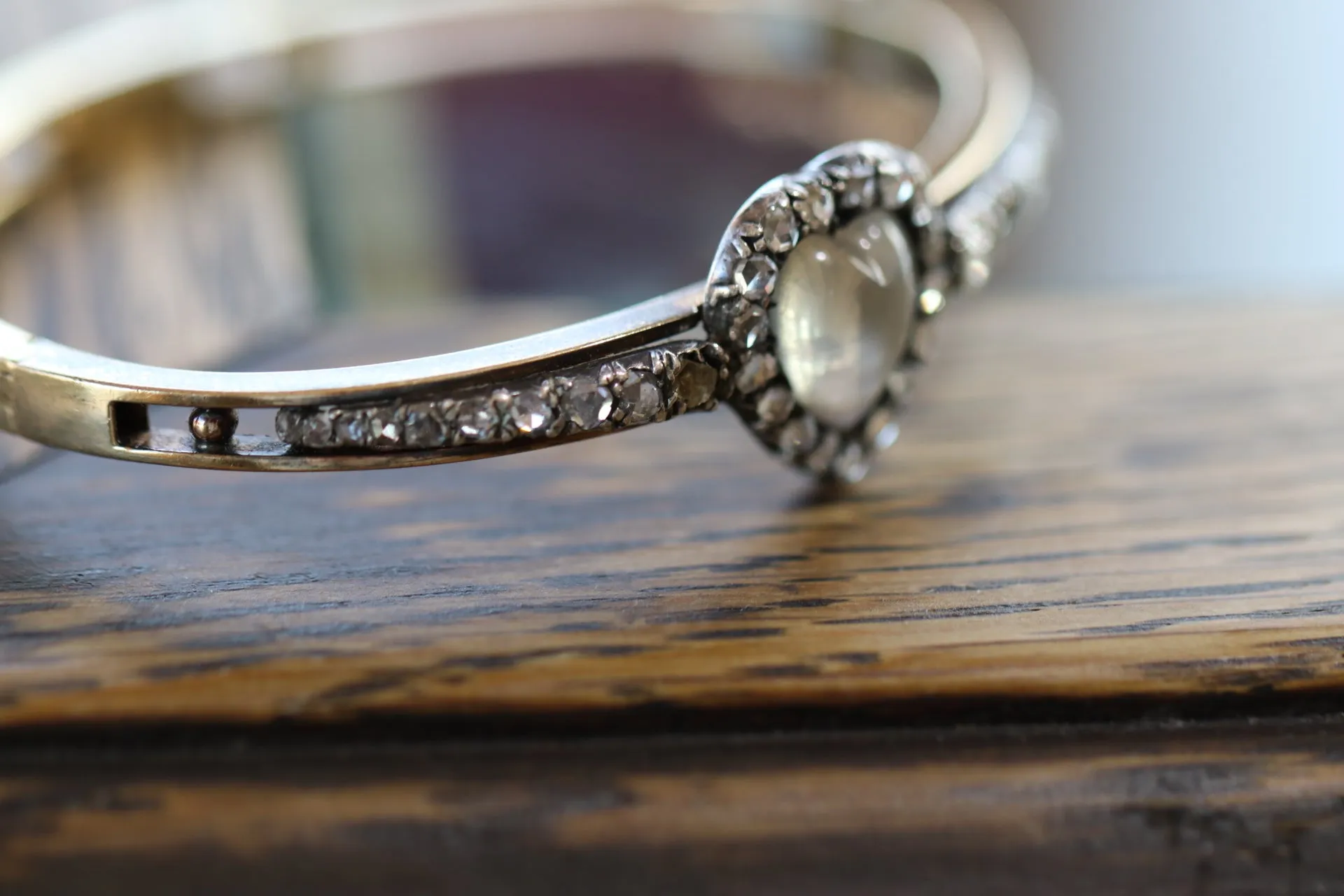 Victorian 14K Yellow Gold Moonstone Heart & Rose Cut Diamond Bangle Bracelet
