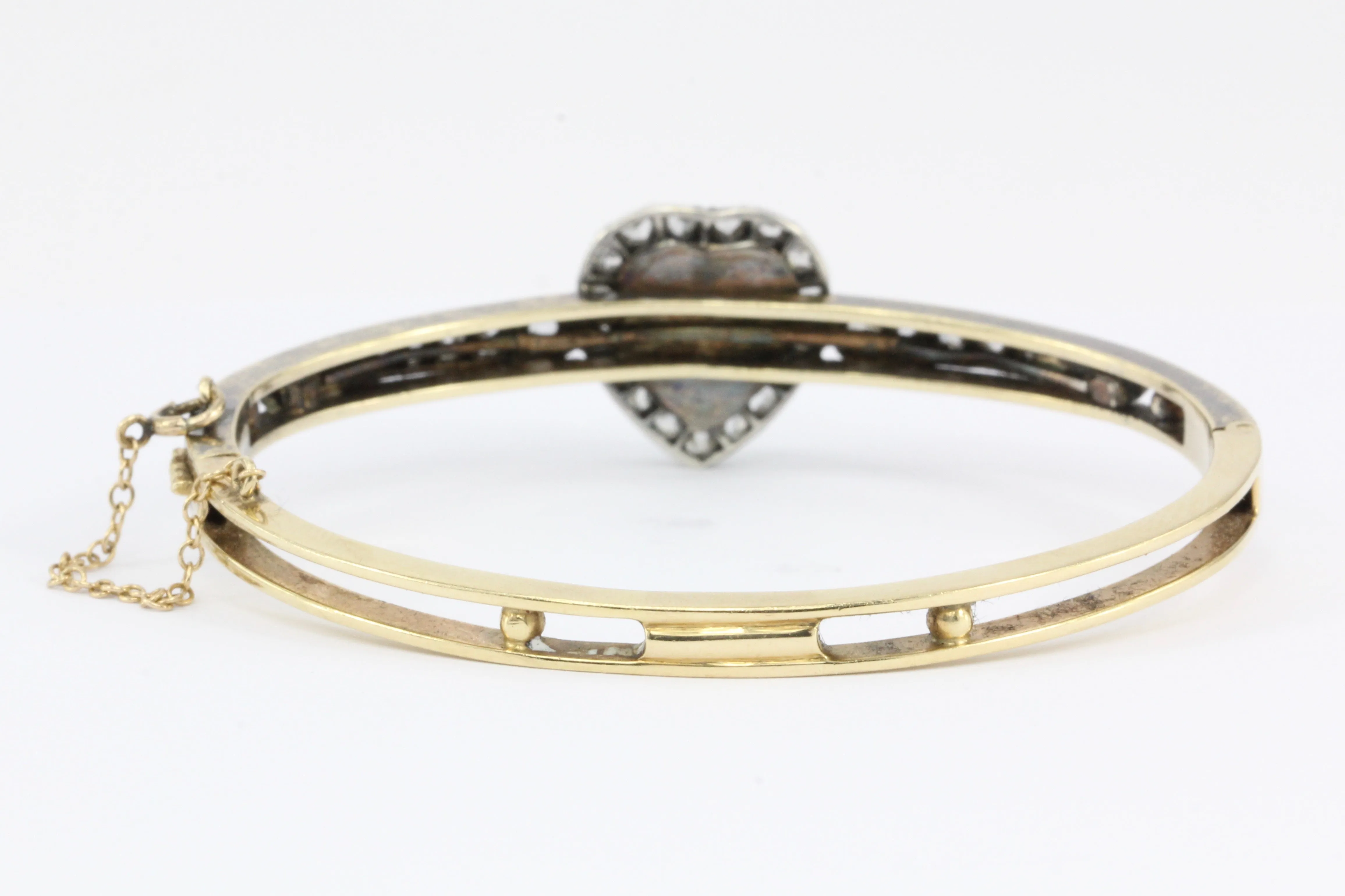 Victorian 14K Yellow Gold Moonstone Heart & Rose Cut Diamond Bangle Bracelet