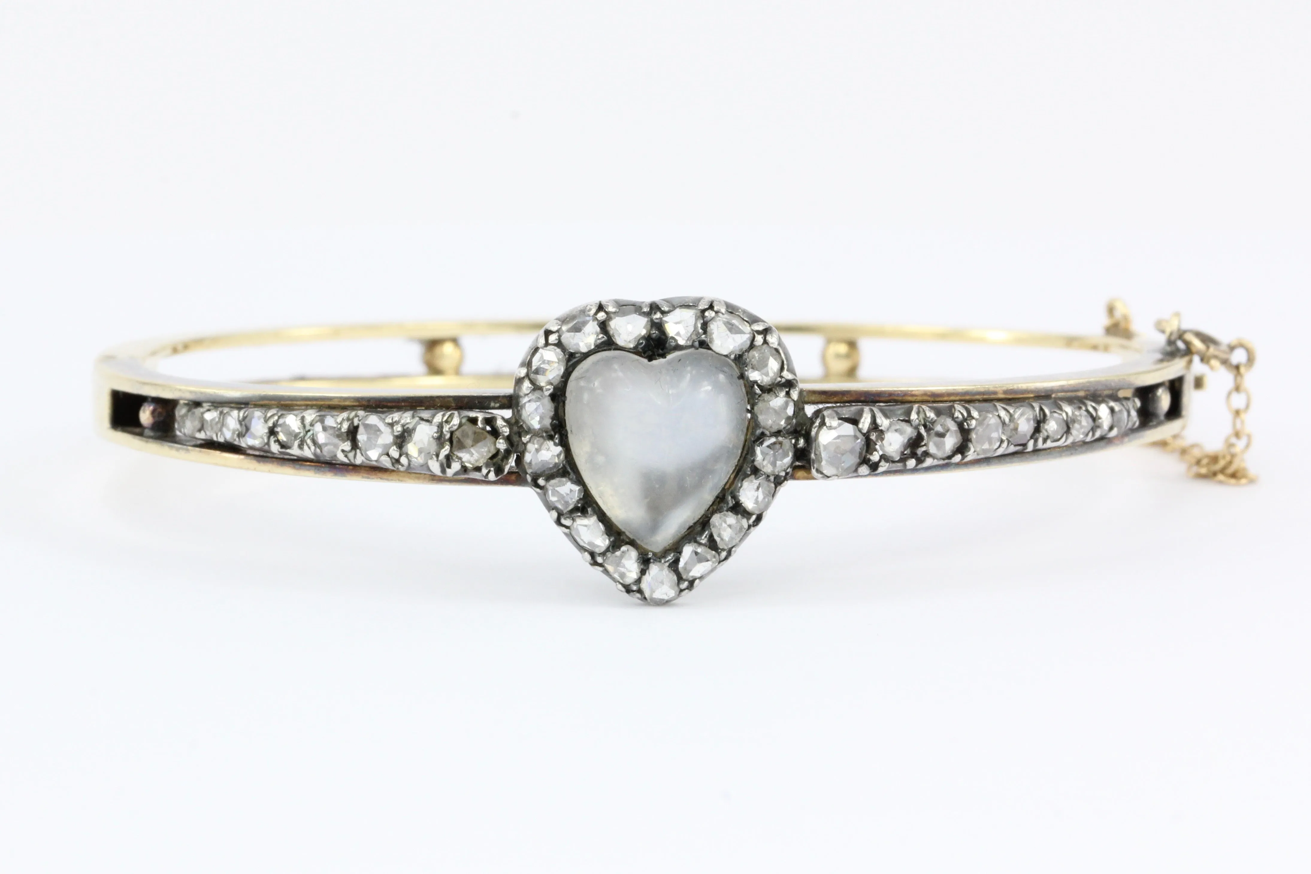 Victorian 14K Yellow Gold Moonstone Heart & Rose Cut Diamond Bangle Bracelet