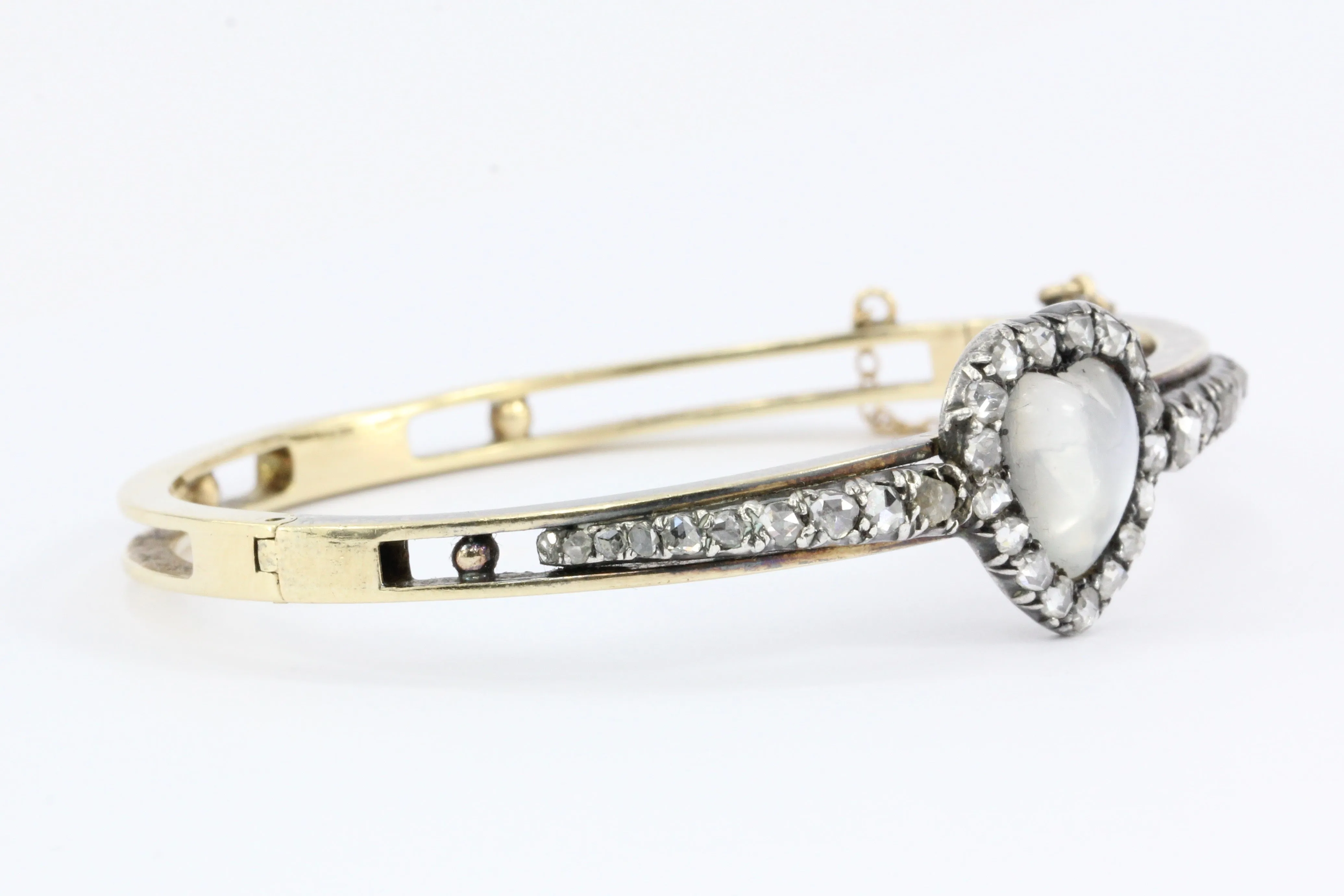 Victorian 14K Yellow Gold Moonstone Heart & Rose Cut Diamond Bangle Bracelet