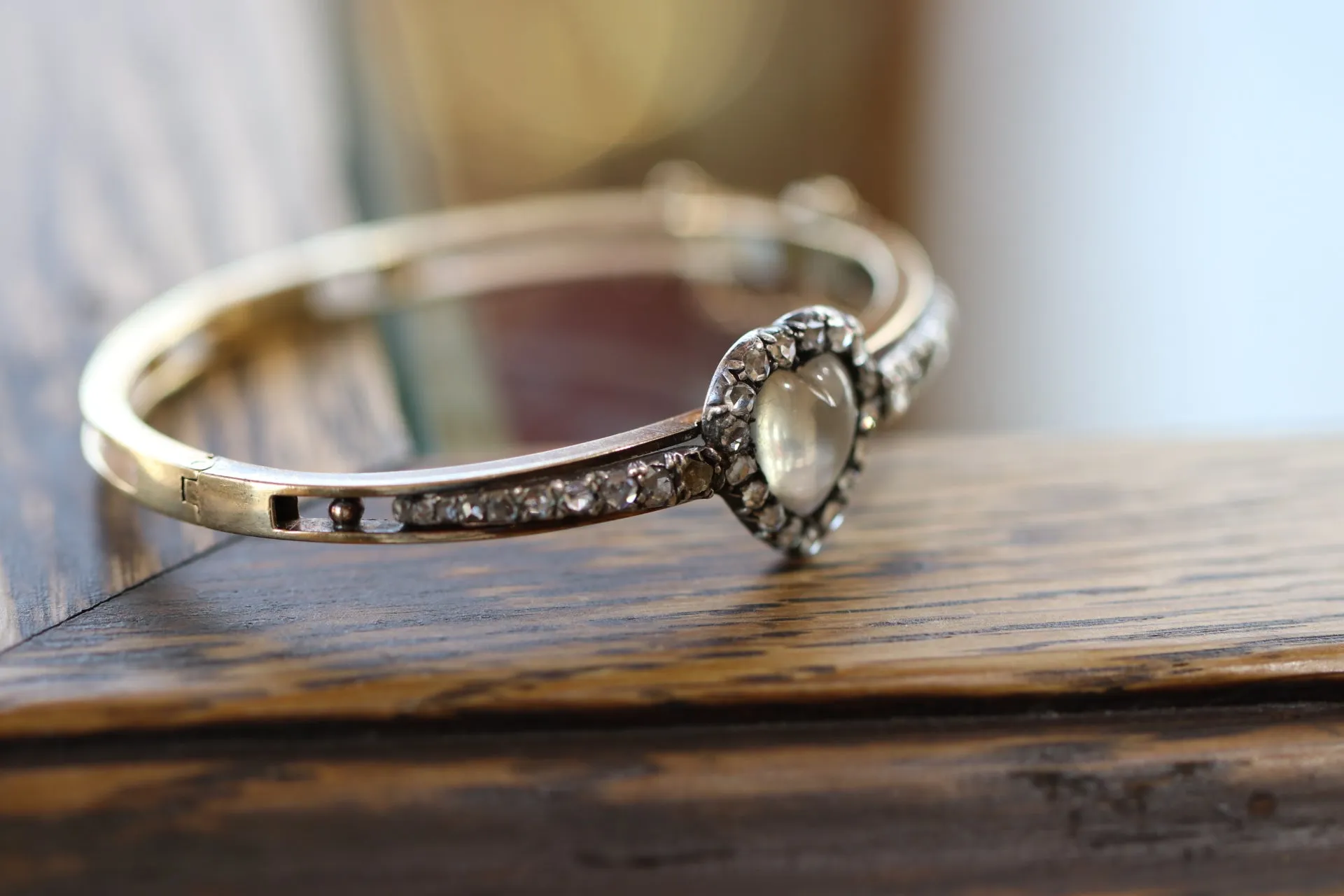 Victorian 14K Yellow Gold Moonstone Heart & Rose Cut Diamond Bangle Bracelet