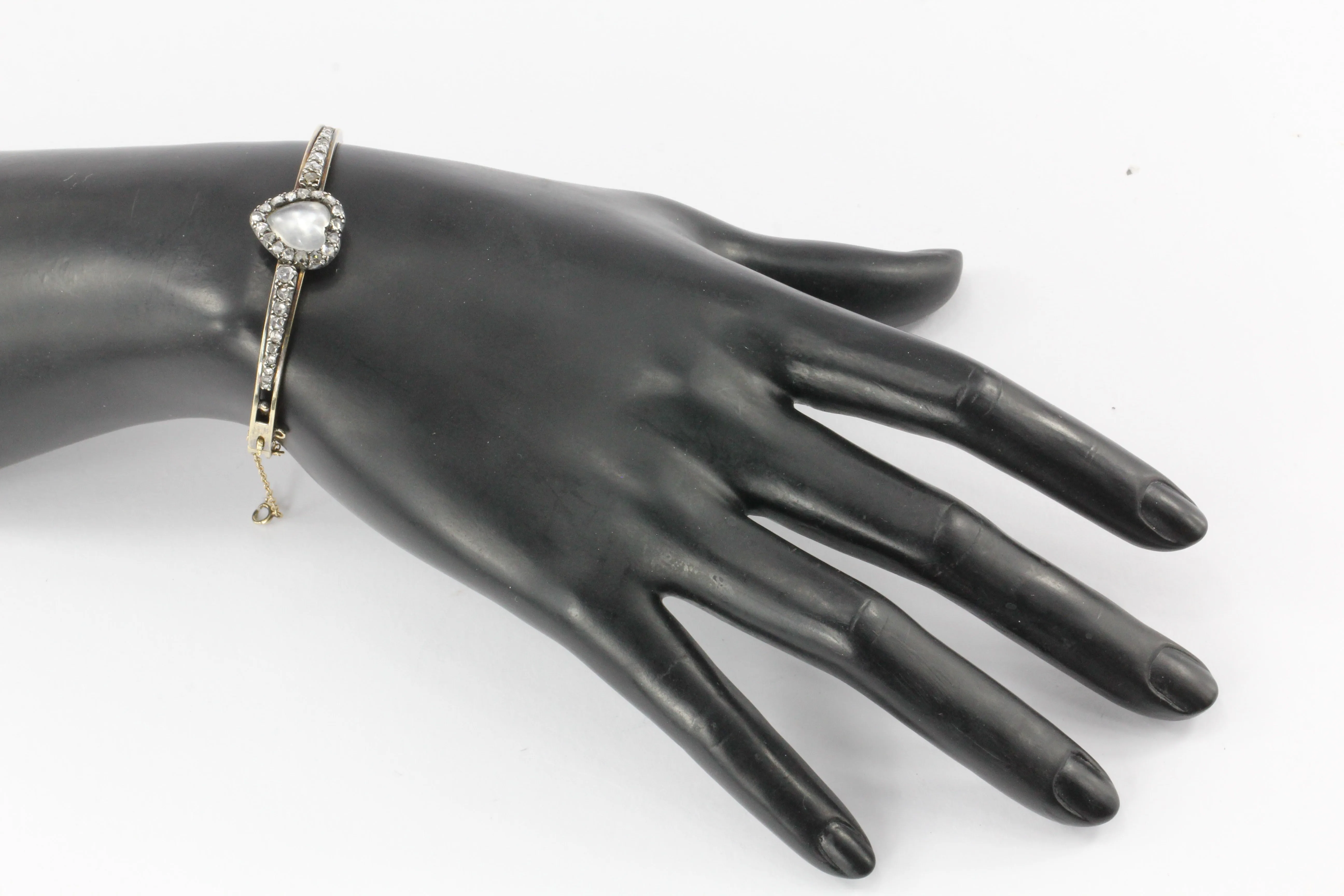 Victorian 14K Yellow Gold Moonstone Heart & Rose Cut Diamond Bangle Bracelet