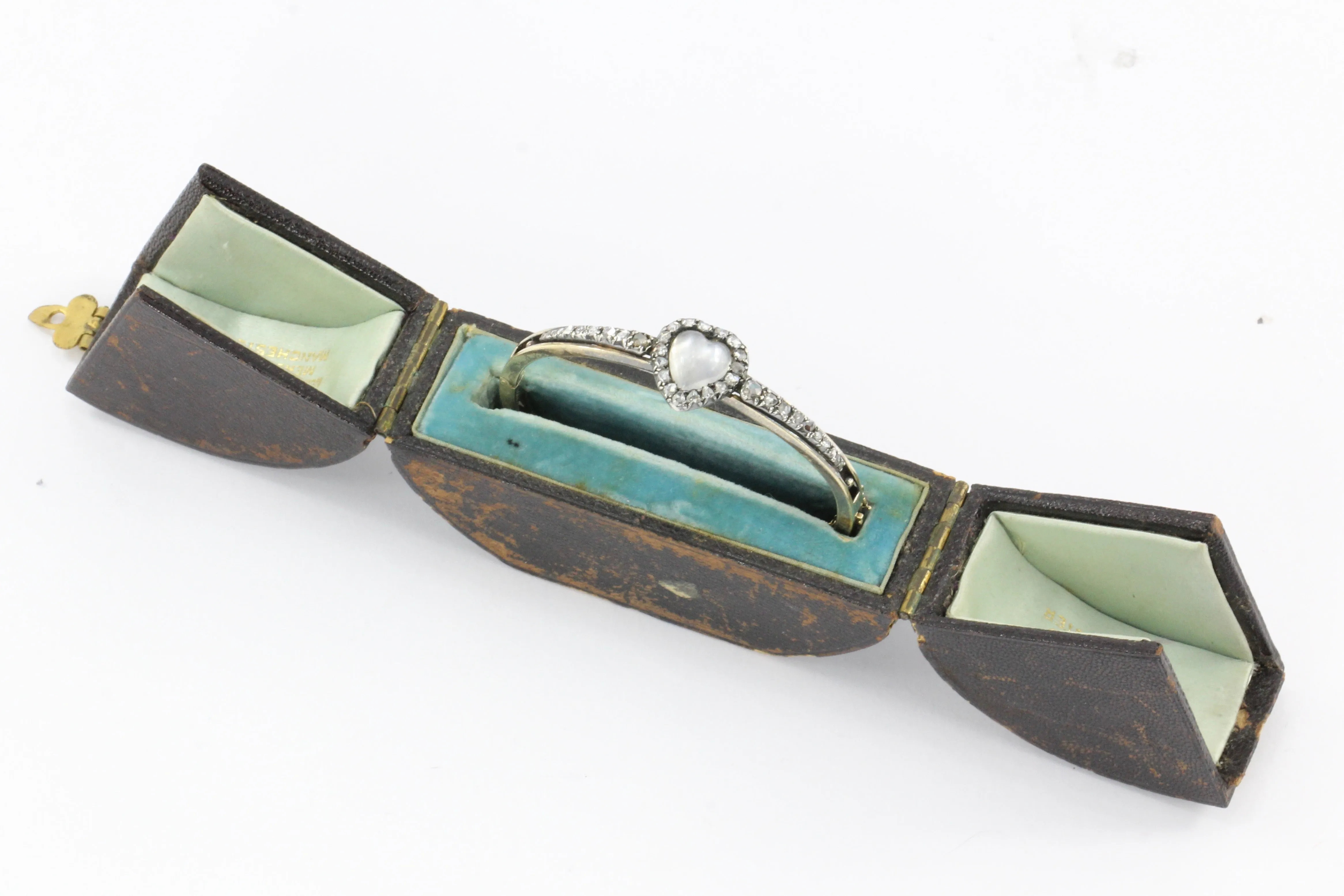 Victorian 14K Yellow Gold Moonstone Heart & Rose Cut Diamond Bangle Bracelet