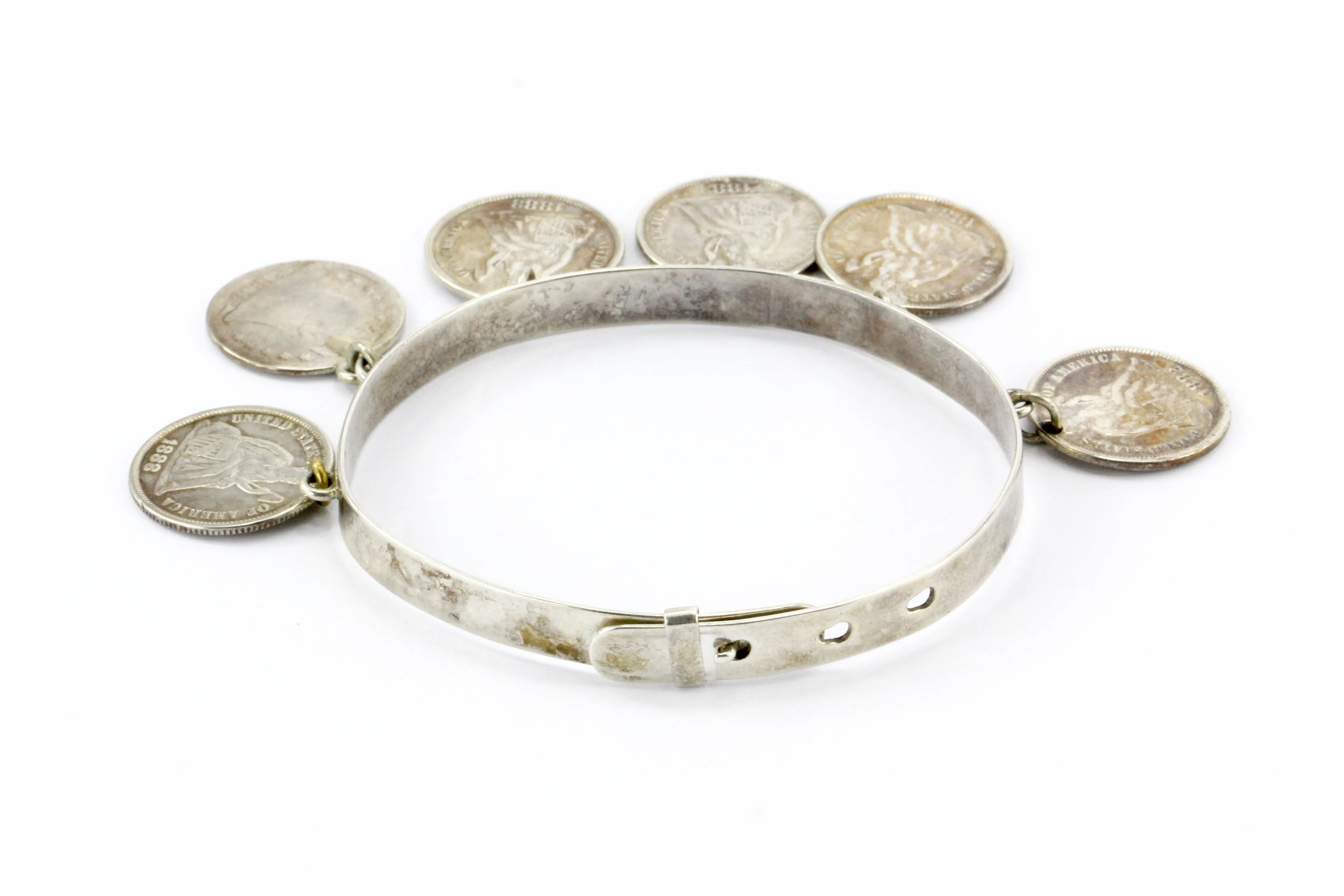 Victorian American Silver Love Token Dimes Bracelet c.1880's