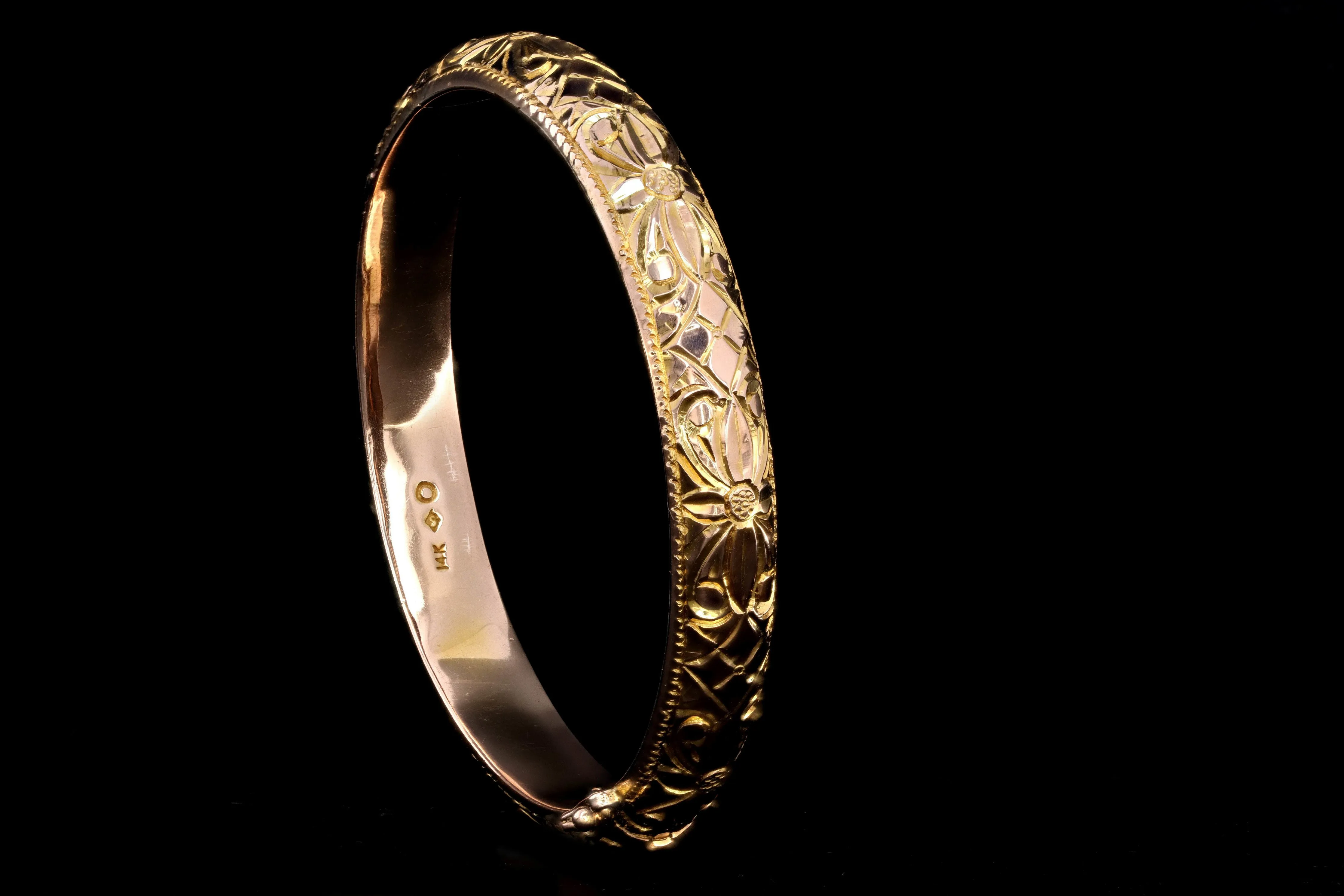 Vintage 14K Yellow Gold Floral Motif Bangle