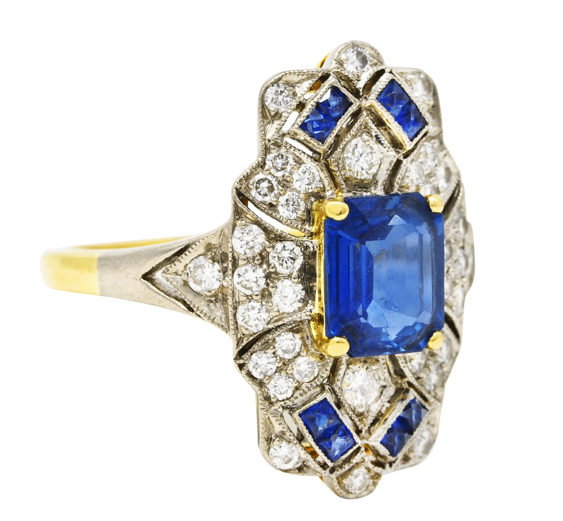 Vintage 2.75 CTW Sapphire Diamond 18 Karat Two-Tone Gold Dinner Ring