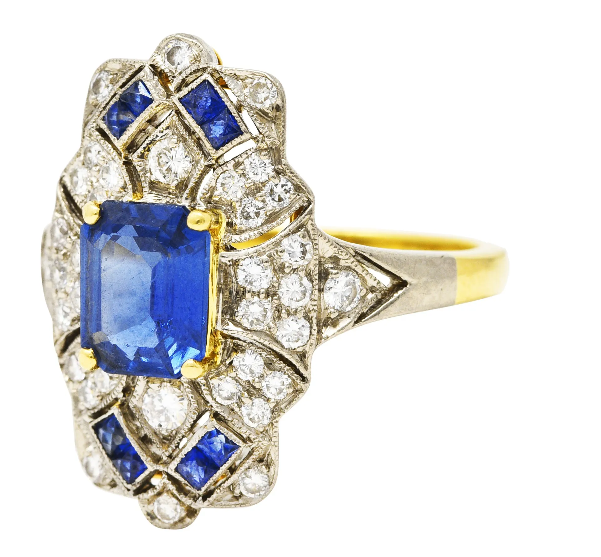Vintage 2.75 CTW Sapphire Diamond 18 Karat Two-Tone Gold Dinner Ring