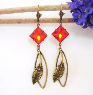 Vintage Hyacinth  Crystal and Antiqued Brass Leaf Earrings.
