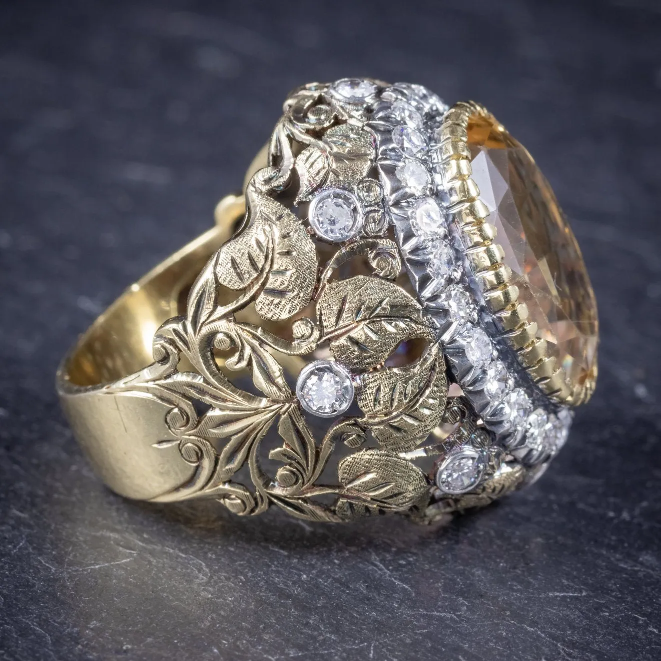 Vintage Large Citrine Ring 9Ct Gold Ornate Gallery Circa 1960