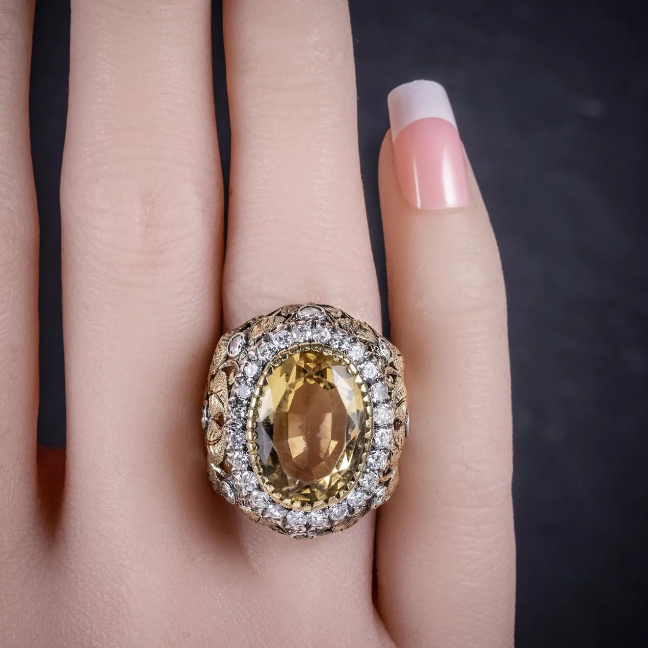 Vintage Large Citrine Ring 9Ct Gold Ornate Gallery Circa 1960