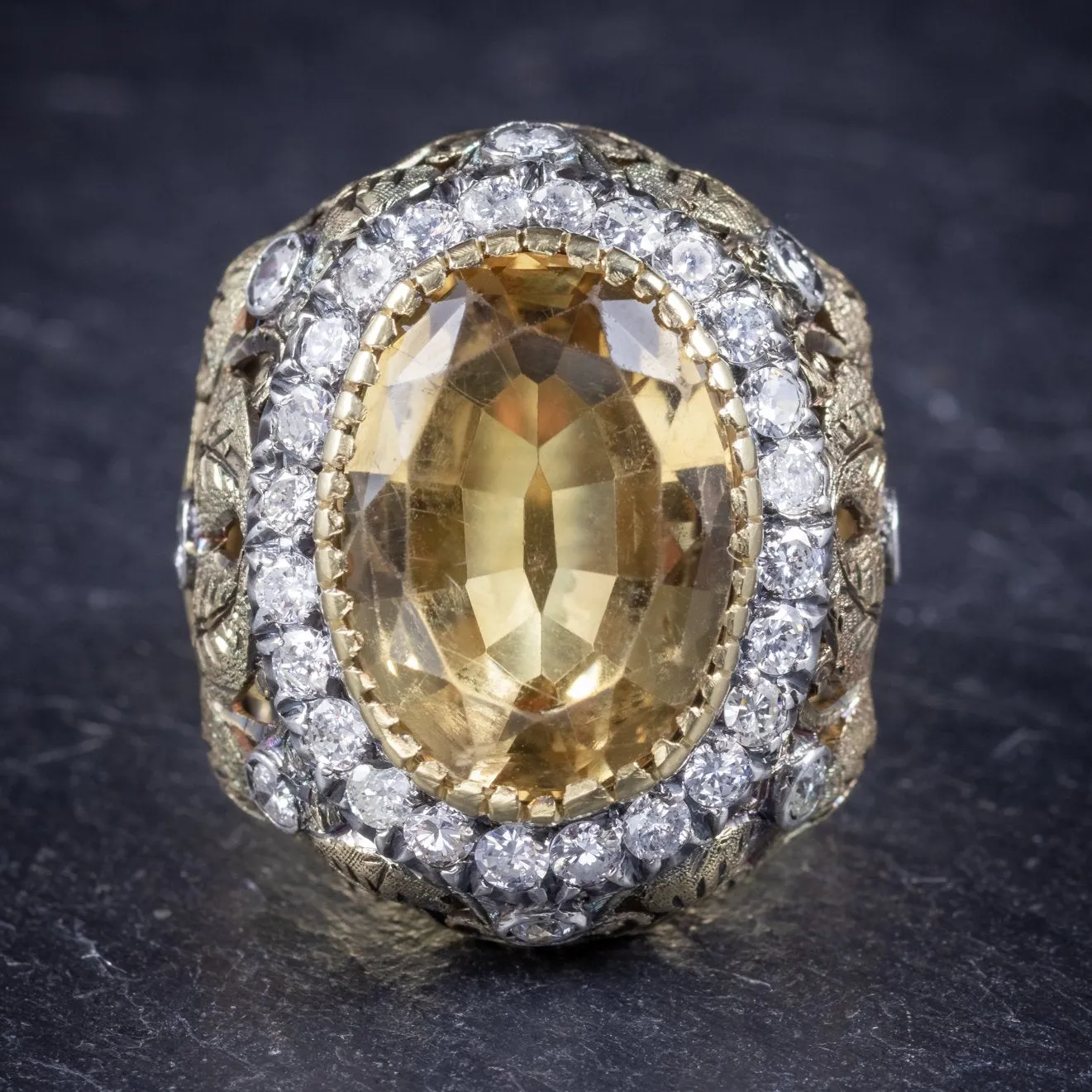 Vintage Large Citrine Ring 9Ct Gold Ornate Gallery Circa 1960