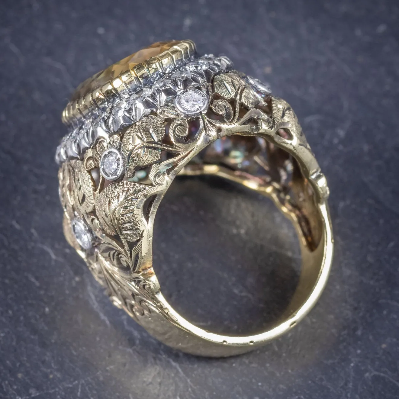 Vintage Large Citrine Ring 9Ct Gold Ornate Gallery Circa 1960