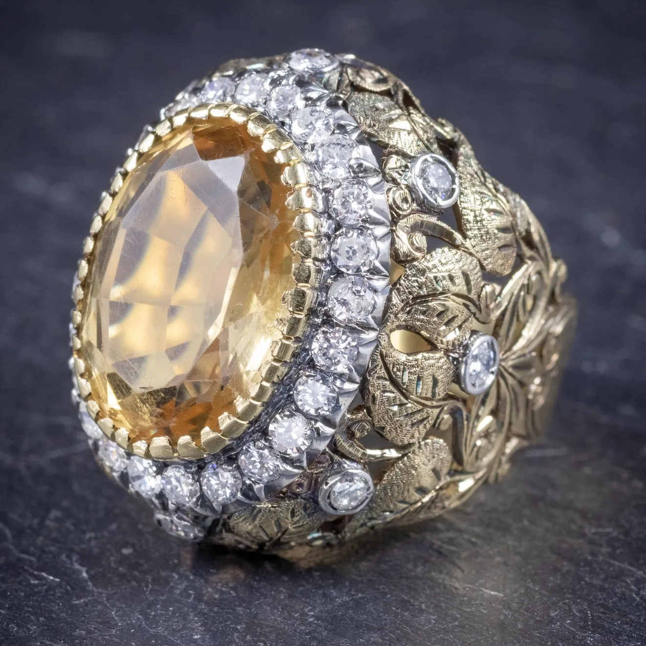 Vintage Large Citrine Ring 9Ct Gold Ornate Gallery Circa 1960