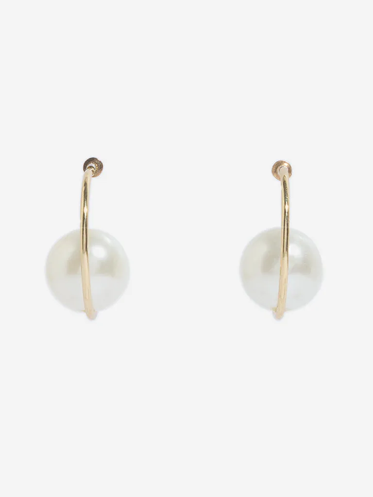 Westside Accessories Gold & White Pearl Stud Half Hoop Earrings