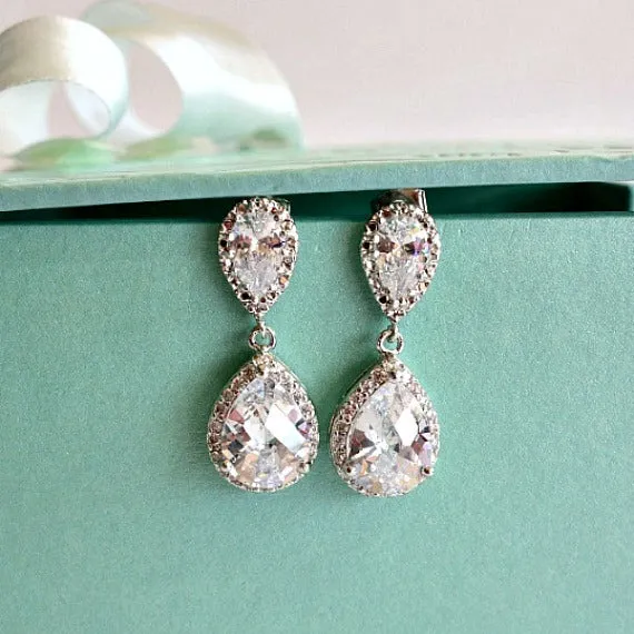 White Gold Bridal Drop Earrings, White Cubic Zirconia Teardrop Earrings, Wedding Jewelry, Bridesmaids Earrings, Bridal Gift
