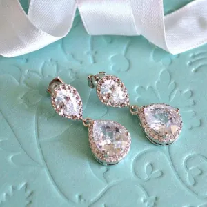 White Gold Bridal Drop Earrings, White Cubic Zirconia Teardrop Earrings, Wedding Jewelry, Bridesmaids Earrings, Bridal Gift