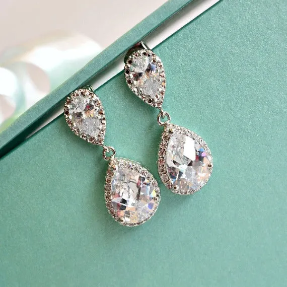 White Gold Bridal Drop Earrings, White Cubic Zirconia Teardrop Earrings, Wedding Jewelry, Bridesmaids Earrings, Bridal Gift