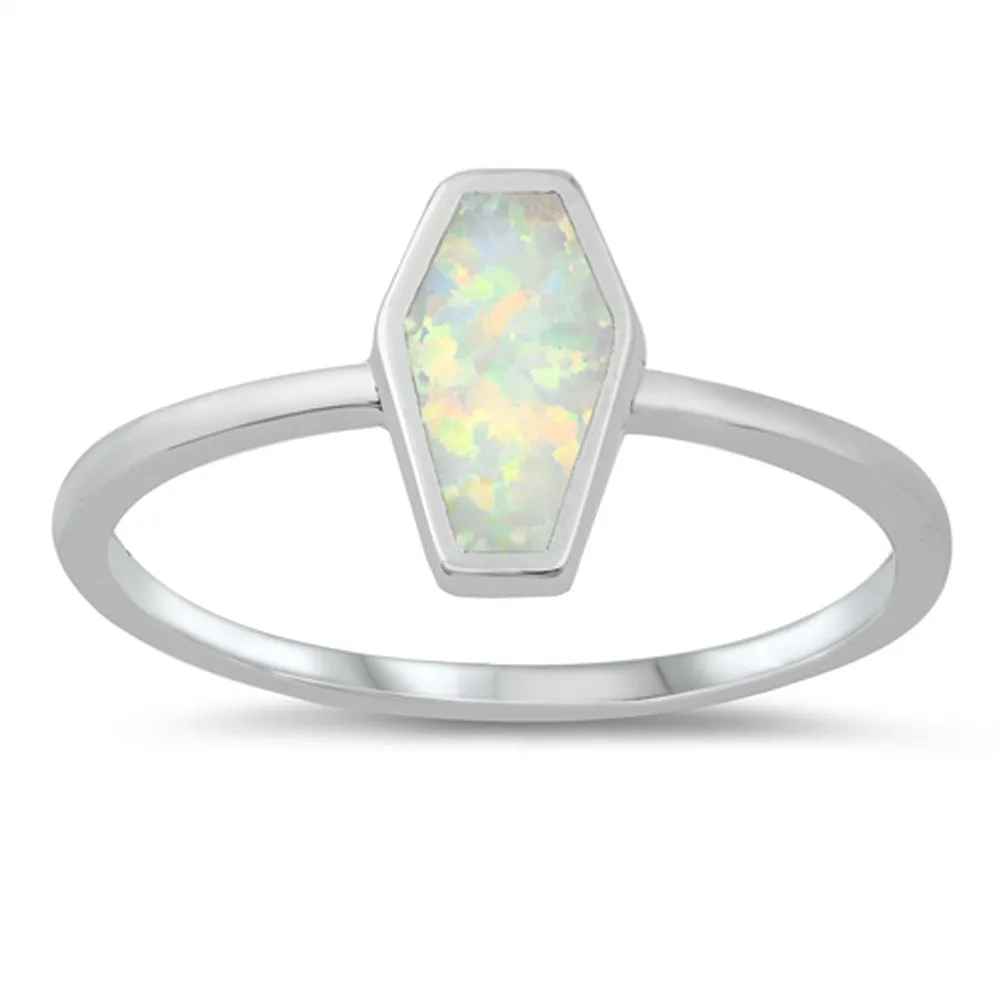 White Lab Opal Vampire Coffin Ring New .925 Sterling Silver Band Sizes 4-10