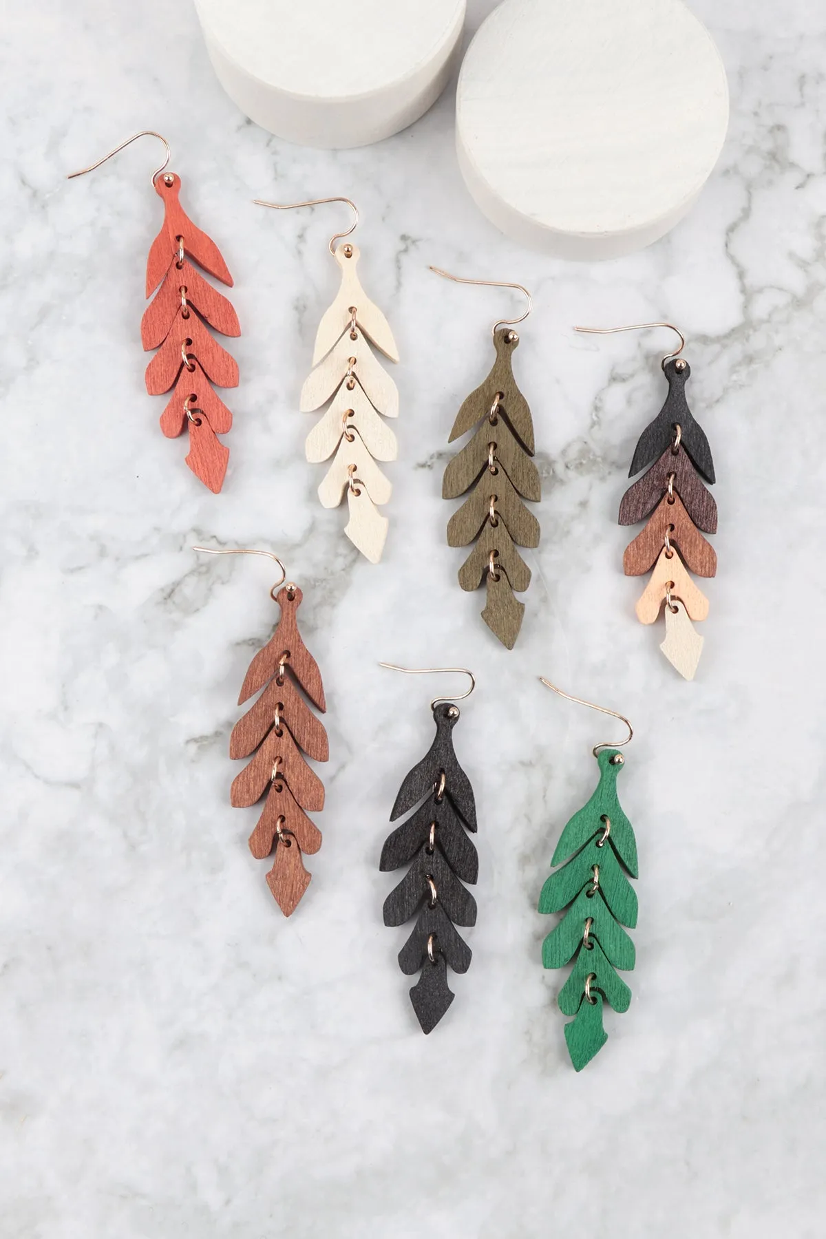 WOOD NARROW LEAF DANGLE DROP EARRINGS