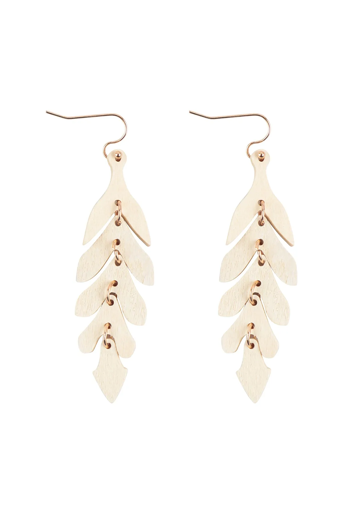 WOOD NARROW LEAF DANGLE DROP EARRINGS