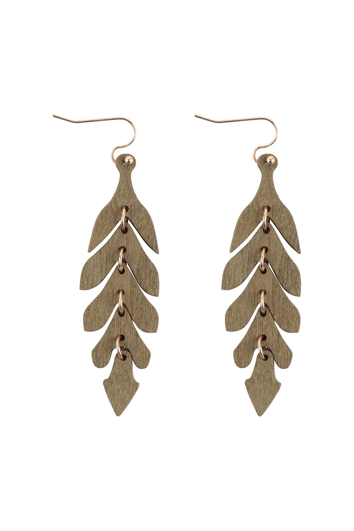 WOOD NARROW LEAF DANGLE DROP EARRINGS