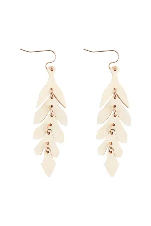 WOOD NARROW LEAF DANGLE DROP EARRINGS