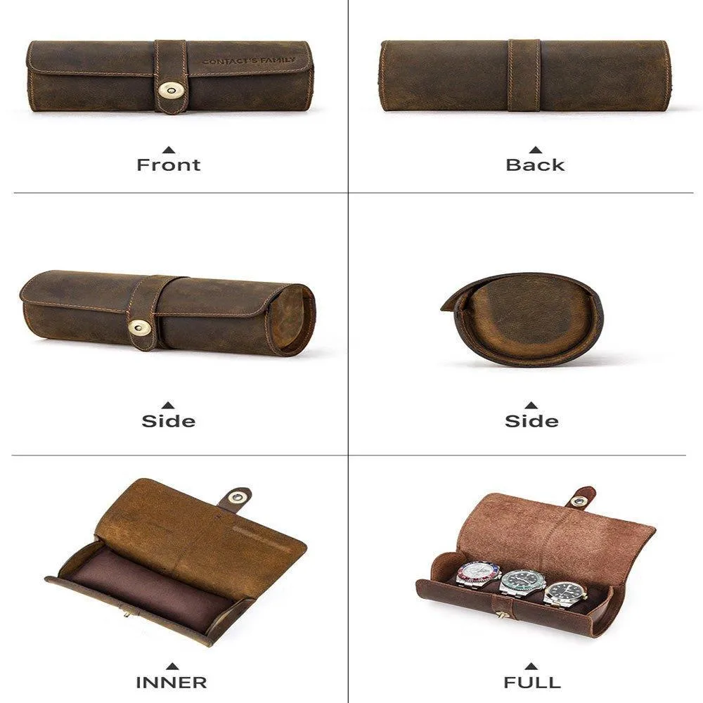 Woosir Round Shape Leather Watch Roll Case for 3 Watches