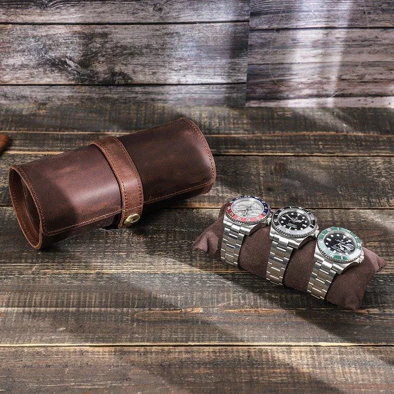 Woosir Round Shape Leather Watch Roll Case for 3 Watches