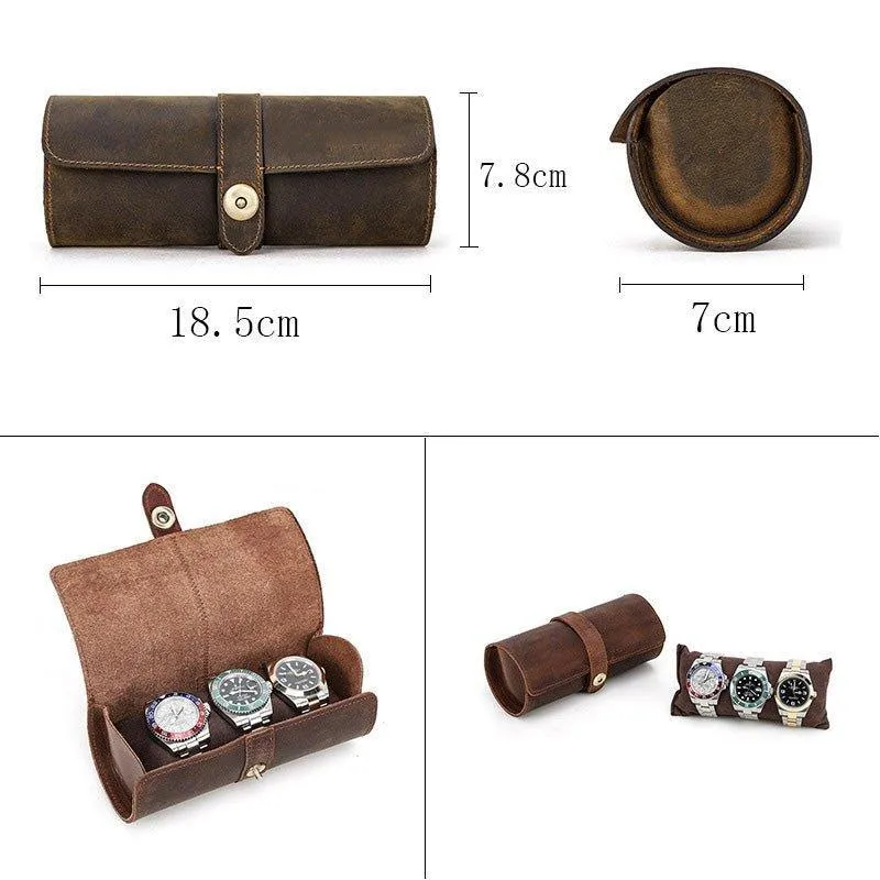 Woosir Round Shape Leather Watch Roll Case for 3 Watches