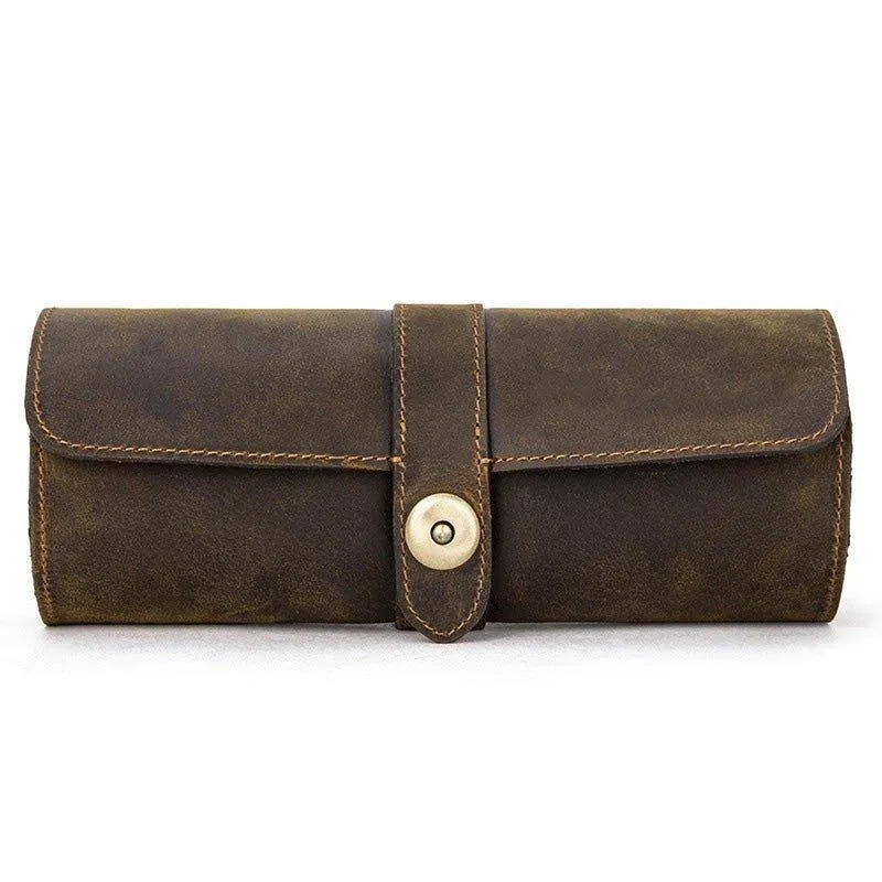 Woosir Round Shape Leather Watch Roll Case for 3 Watches