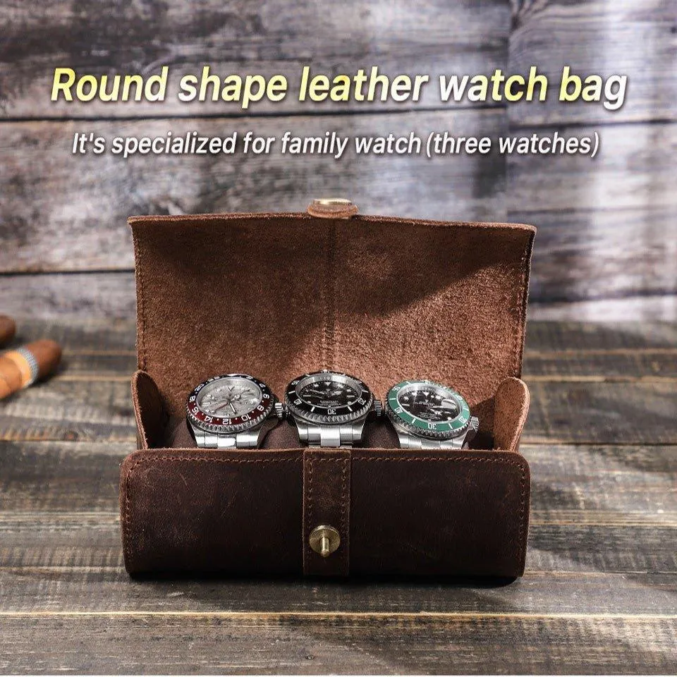 Woosir Round Shape Leather Watch Roll Case for 3 Watches