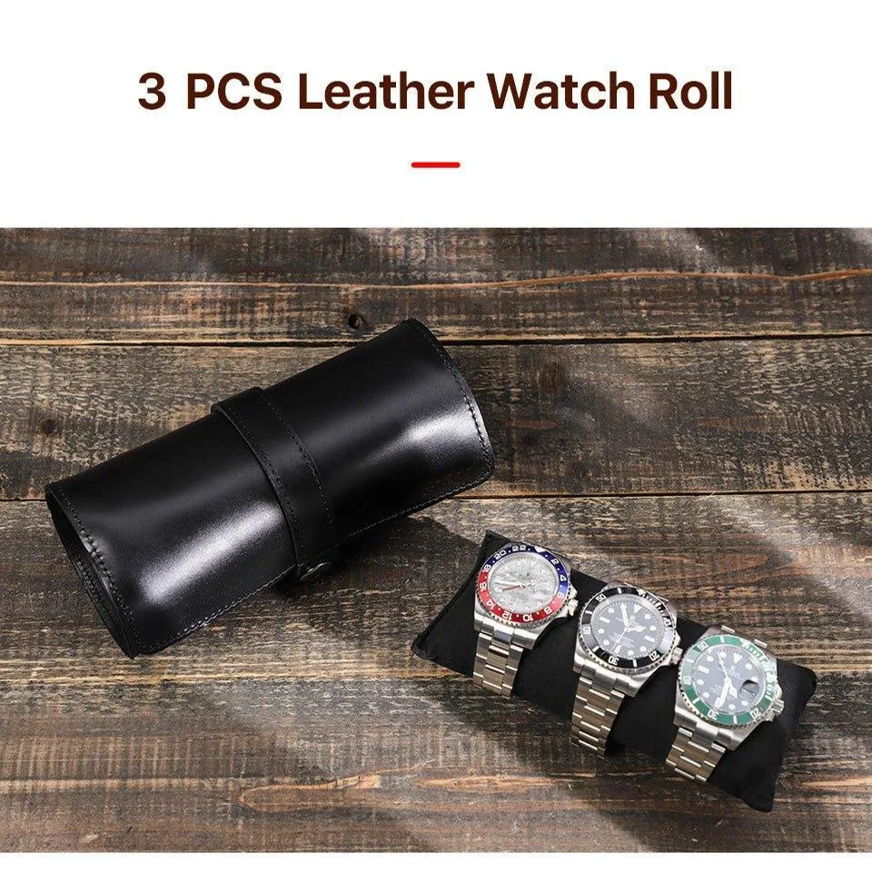 Woosir Round Shape Leather Watch Roll Case for 3 Watches