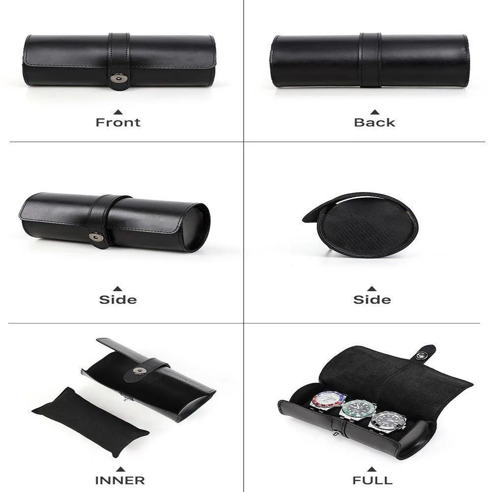 Woosir Round Shape Leather Watch Roll Case for 3 Watches