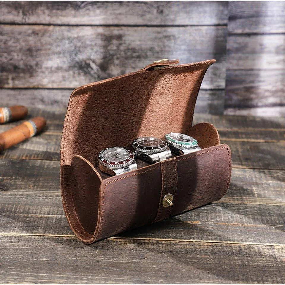 Woosir Round Shape Leather Watch Roll Case for 3 Watches