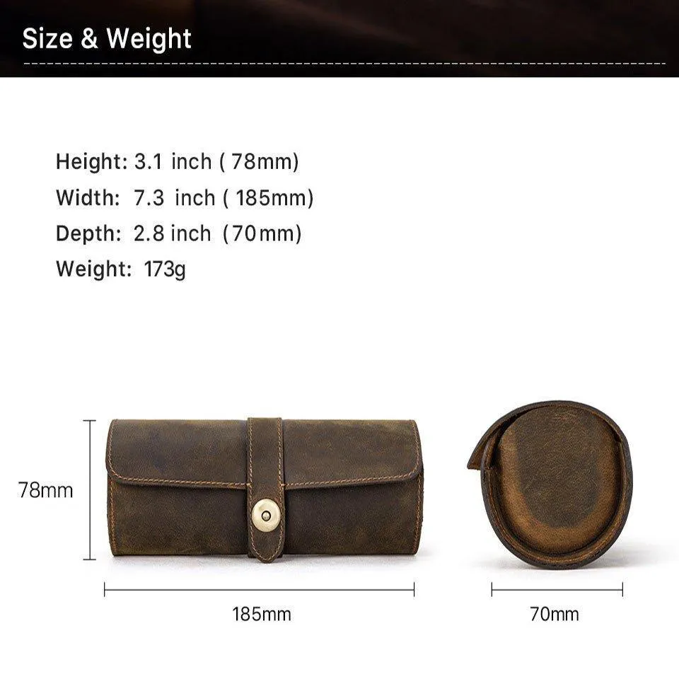 Woosir Round Shape Leather Watch Roll Case for 3 Watches