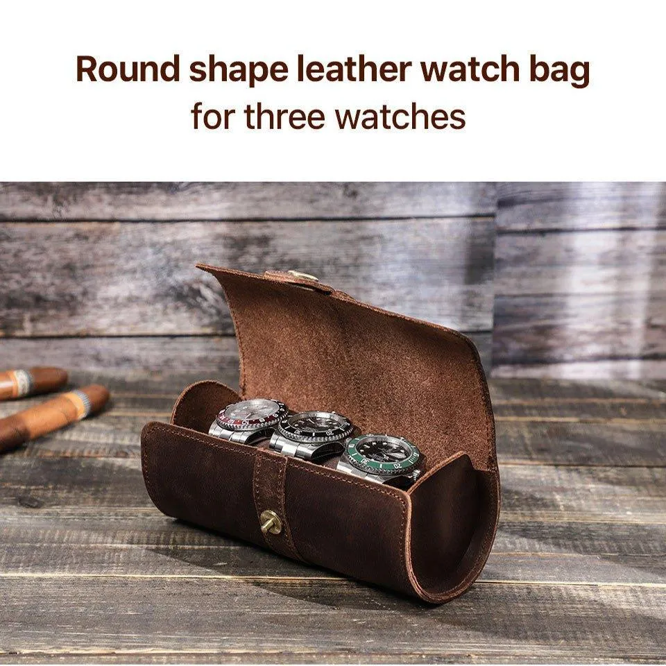Woosir Round Shape Leather Watch Roll Case for 3 Watches