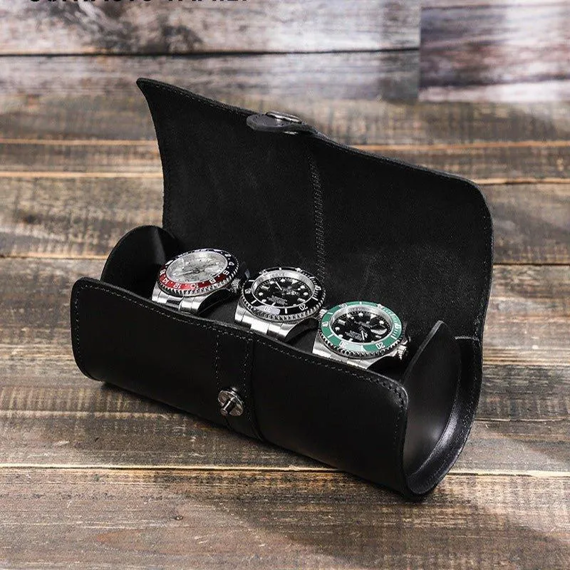 Woosir Round Shape Leather Watch Roll Case for 3 Watches