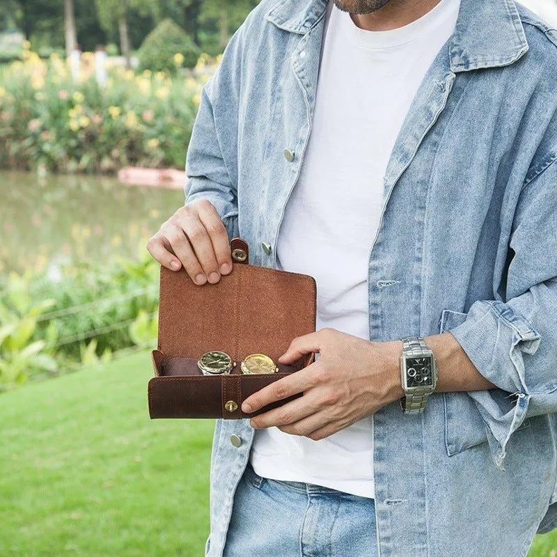 Woosir Round Shape Leather Watch Roll Case for 3 Watches