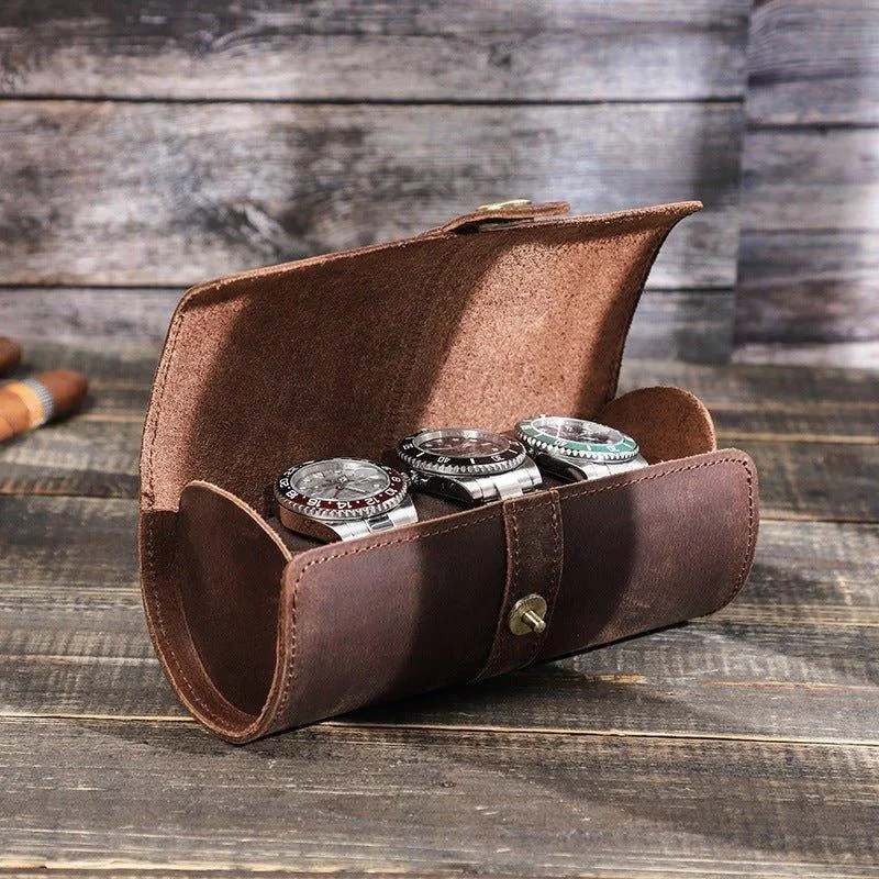 Woosir Round Shape Leather Watch Roll Case for 3 Watches
