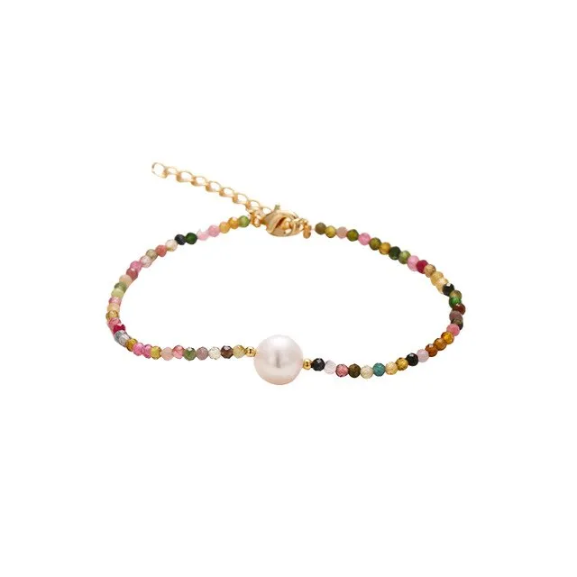 Yhpup Trendy Natural Tourmaline Natural Pearls Beaded Bracelets Copper Colorful Bracelets Women Party Beach Statement Jewelry