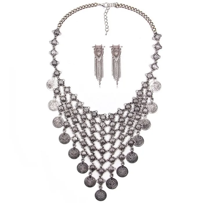 Ztech Boho Antique Coin Necklace, Earring And Bracelet for Women