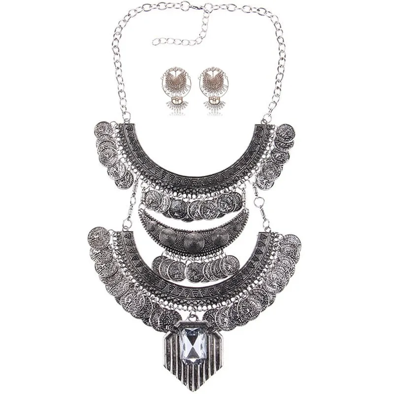Ztech Boho Antique Coin Necklace, Earring And Bracelet for Women